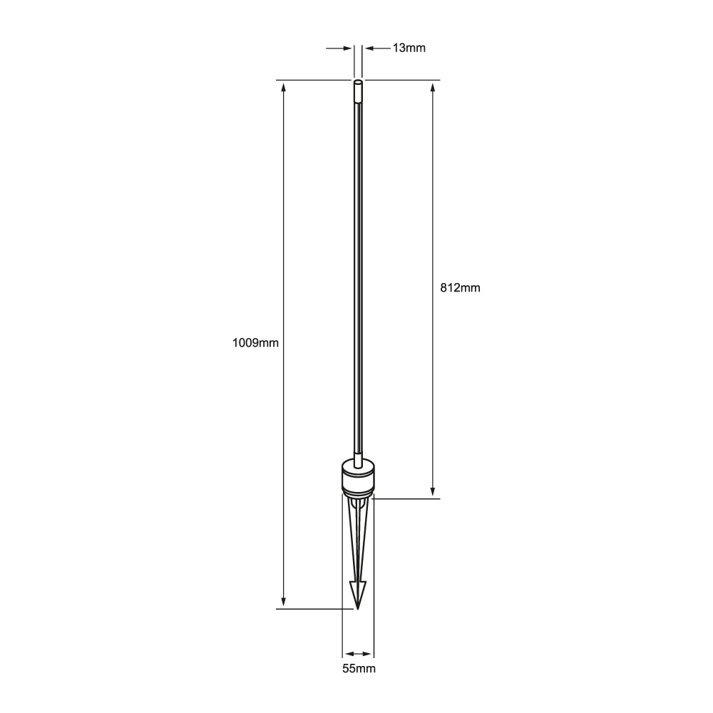 Dibujo técnico de GRAS II: 1009 mm de altura total, tubo de 812 mm y 13 mm de diámetro