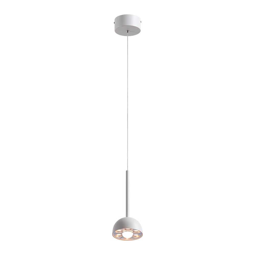 ZAVI II lámpara colgante LED blanca con cúpula pequeña perforada, encendida, fondo blanco