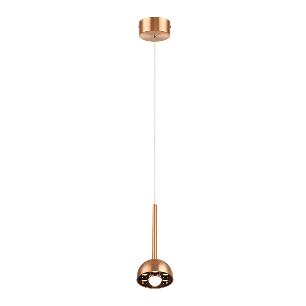ZAVI II lámpara colgante LED cobre con cúpula pequeña perforada, encendida, fondo blanco