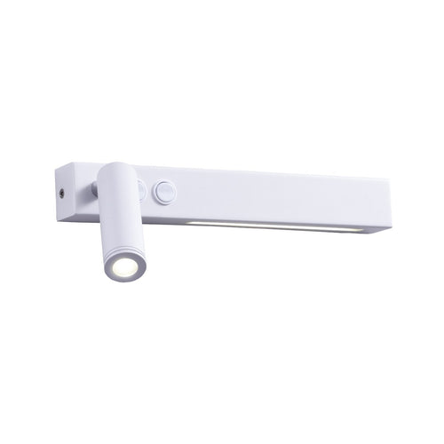 DIMURA II, lámpara de pared LED blanca de lectura con luz ambiental, fondo blanco – Lámpara de Diseño Báez Lumina