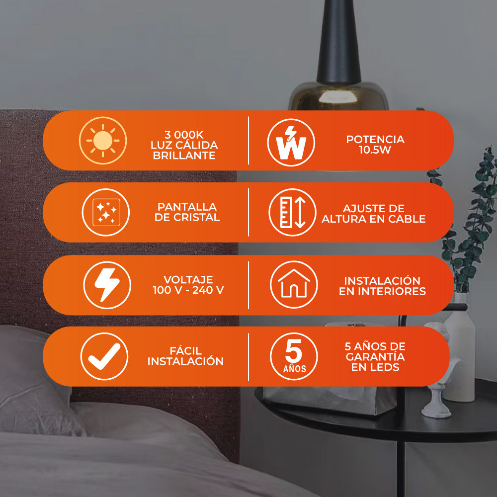 Beneficios de BUBUP: LED integrado 10.5 W, luz cálida, ahorro de energía y garantía Tecnolite