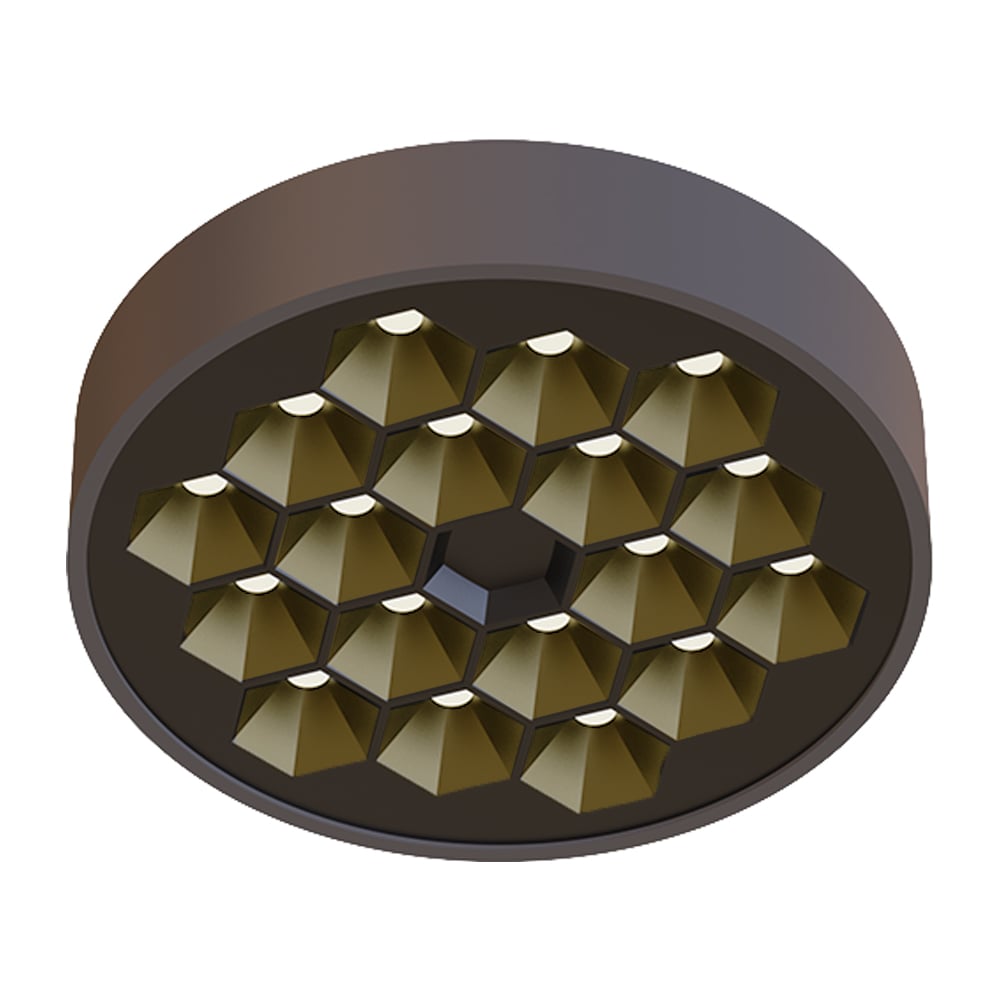 HIVE PTL II plafón LED redondo negro con reflectores tipo panal dorados, fondo blanco