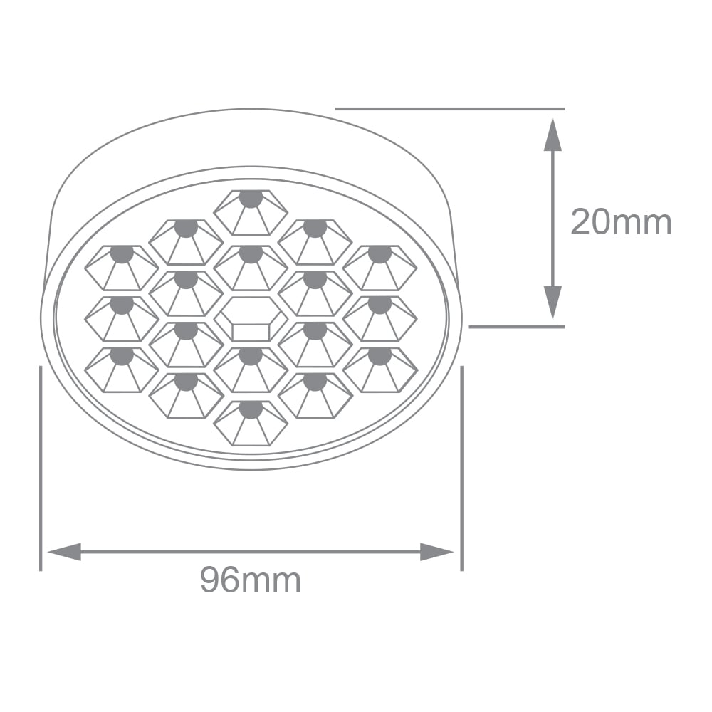 Dibujo técnico de HIVE PTL II: 96 mm de diámetro y 20 mm de alto