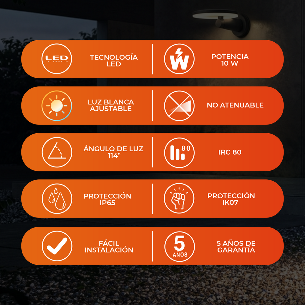 Ficha visual de DISCOR WALL: LED 10 W, luz ajustable, apertura 114°, IRC 80, IP65, IK07 y 5 años de garantía