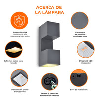 Detalles de ARCADRO: aluminio gris mate, protección IP54, chips LED COB y pantallas de cristal