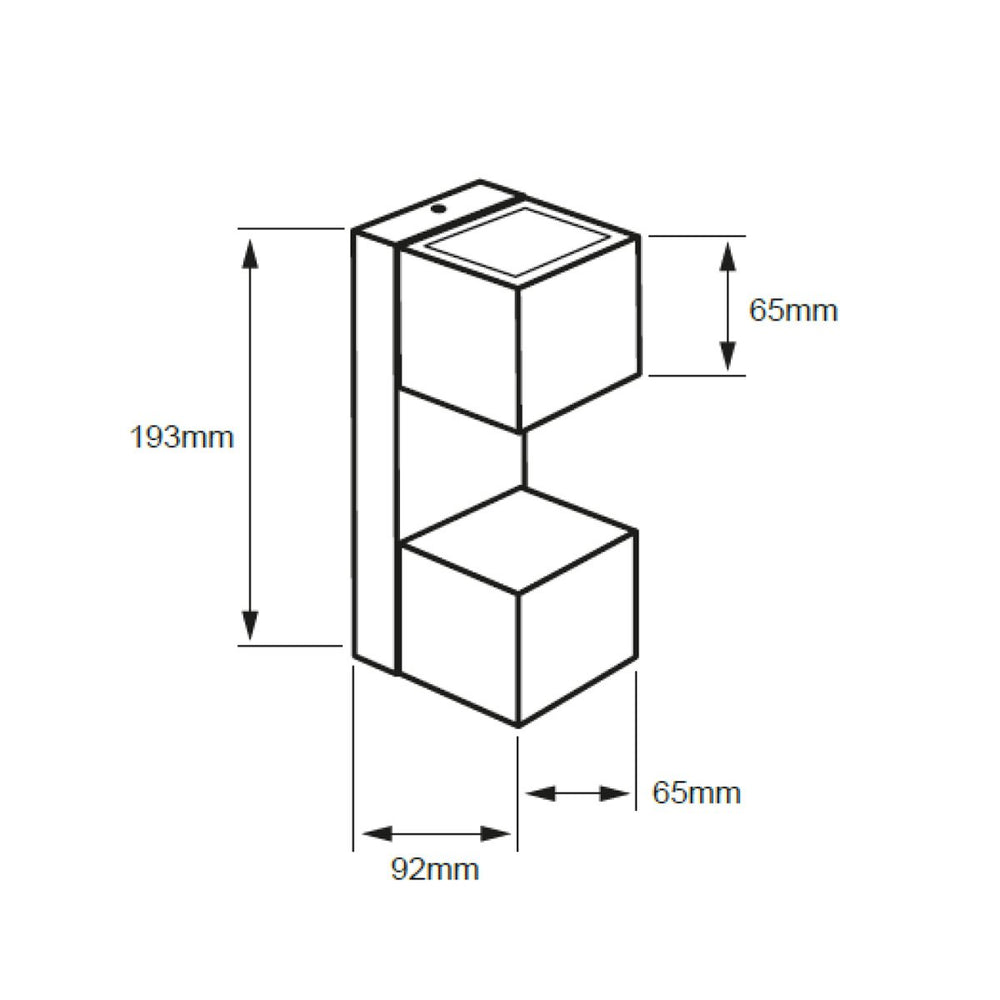 Dibujo técnico de ARCADRO: 193 mm de alto, 92 mm de proyección desde el muro y módulos cúbicos de 65 mm