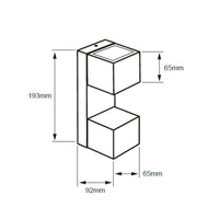 Dibujo técnico de ARCADRO: 193 mm de alto, 92 mm de proyección desde el muro y módulos cúbicos de 65 mm