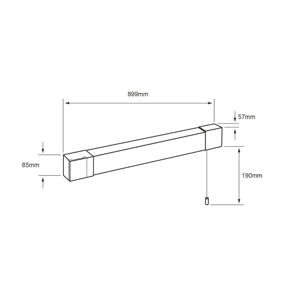 Dibujo técnico de ZYRA: 899 mm de largo, 85 mm de alto y 57 mm de fondo