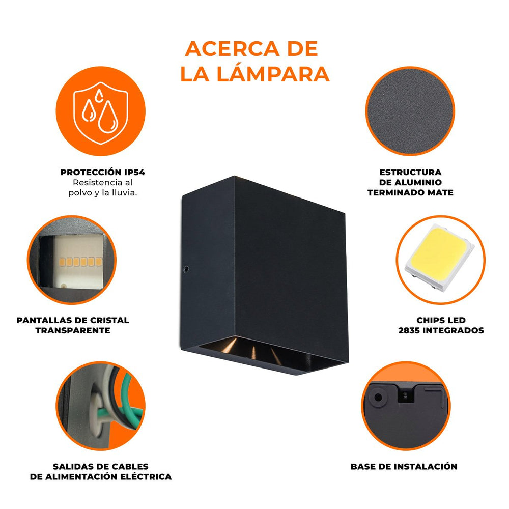 Detalles de BANNOR: aluminio negro mate, IP54, pantallas de cristal y chips LED 2835