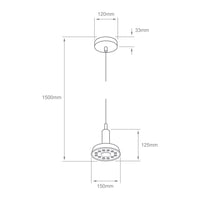 Dibujo técnico de BELEL I: 1500 mm de altura, pantalla de 150 mm y 125 mm de alto