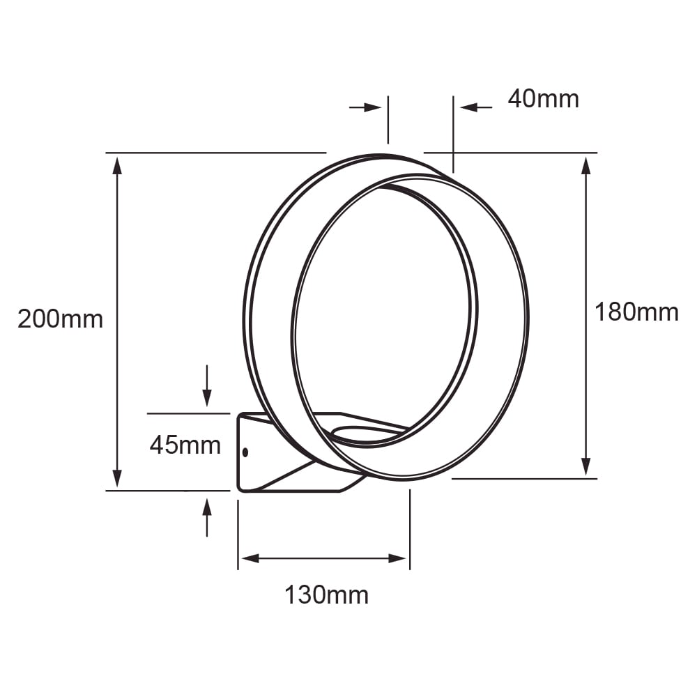 Dibujo técnico de ANELLO I: 200 mm de alto total, aro de 180 mm, 130 mm de base y 40 mm de fondo