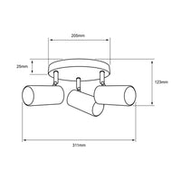 Dibujo técnico de QUILLA REDONDO: 311 mm de ancho total, 123 mm de alto y base de 205 mm