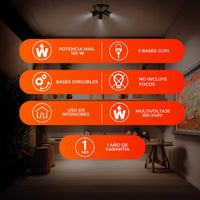 Beneficios de QUILLA REDONDO: 3 bases GU10, cabezales dirigibles, potencia máx. 150 W y uso en interiores
