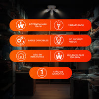 Beneficios de COMPAS REDONDO: 3 bases GU10, cabezales dirigibles, potencia máx. 150 W y uso en interiores