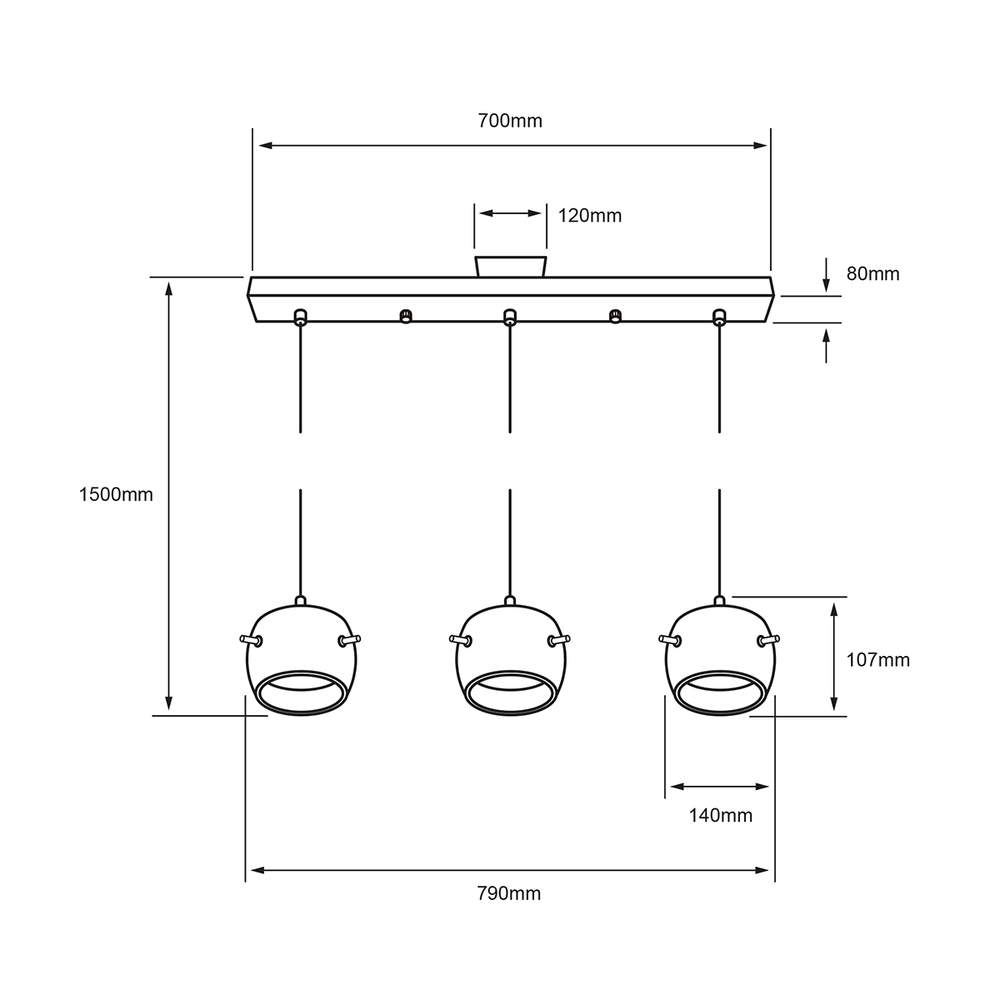 Dibujo técnico de BAREL CEILING: barra de 700 mm, 790 mm de ancho total, altura máxima de 1500 mm y pantallas de 140 × 107 mm