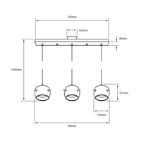 Dibujo técnico de BAREL CEILING: barra de 700 mm, 790 mm de ancho total, altura máxima de 1500 mm y pantallas de 140 × 107 mm