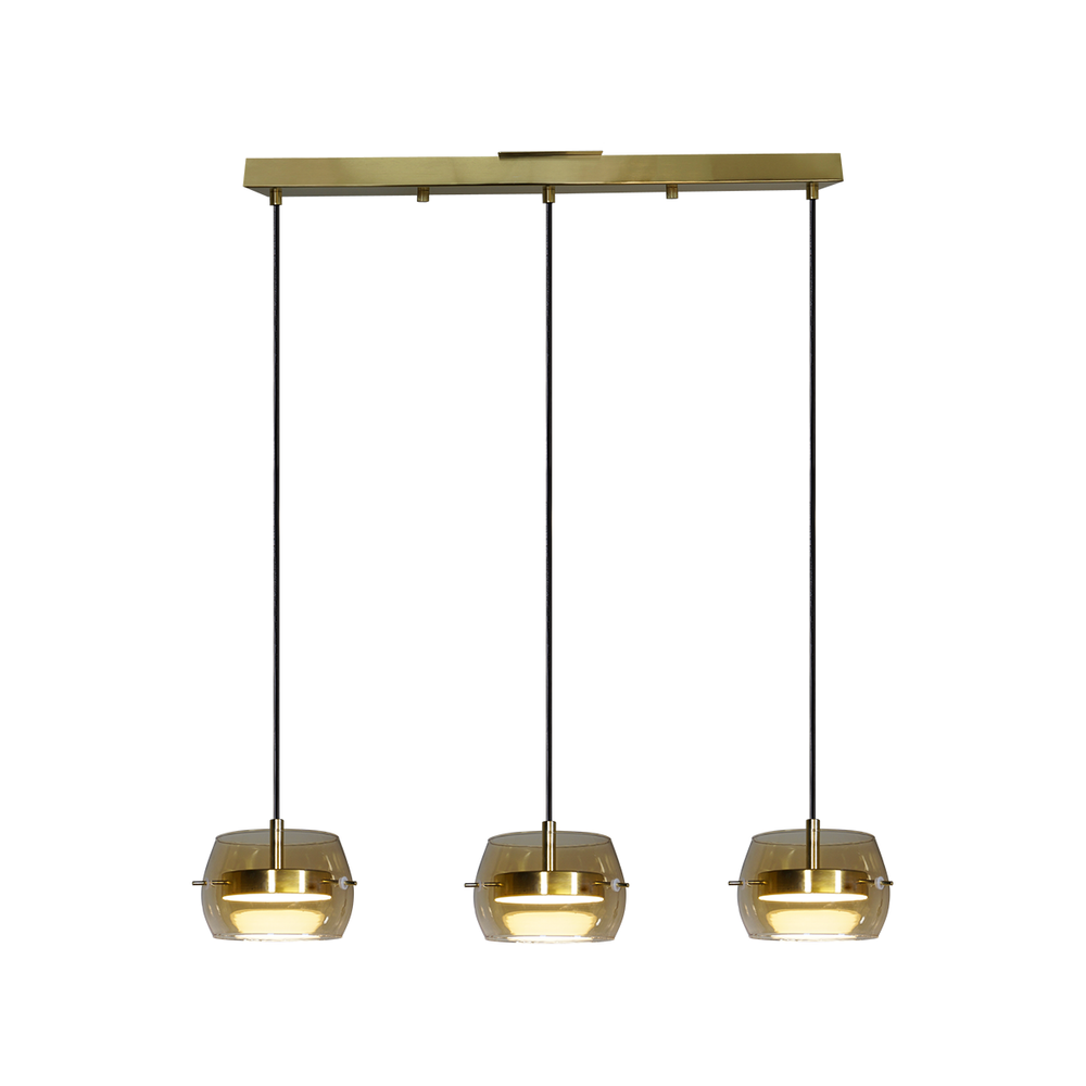 BAREL CEILING colgante LED con barra dorada y tres pantallas de cristal ámbar, fondo blanco