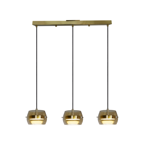 BAREL CEILING colgante LED con barra dorada y tres pantallas de cristal ámbar, fondo blanco – Lámpara de Diseño Báez Lumina