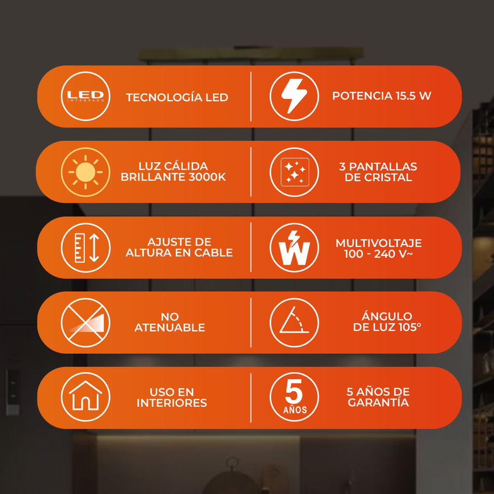 Beneficios de BAREL CEILING: LED 15.5 W, luz cálida 3000 K, 3 pantallas de cristal, altura ajustable y 5 años de garantía