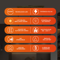 Beneficios de BAREL CEILING: LED 15.5 W, luz cálida 3000 K, 3 pantallas de cristal, altura ajustable y 5 años de garantía