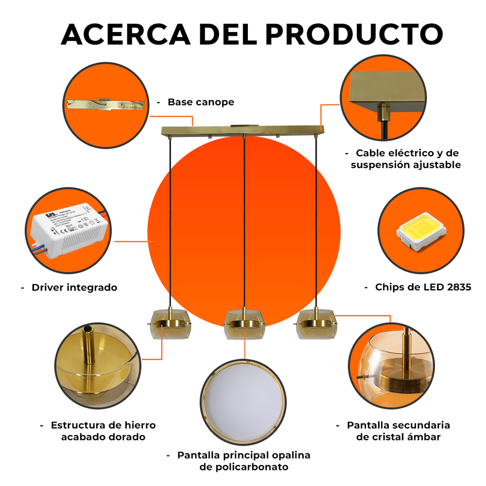 Acerca de BAREL CEILING: base dorada, cable ajustable, chips LED, pantalla opalina y pantalla de cristal ámbar