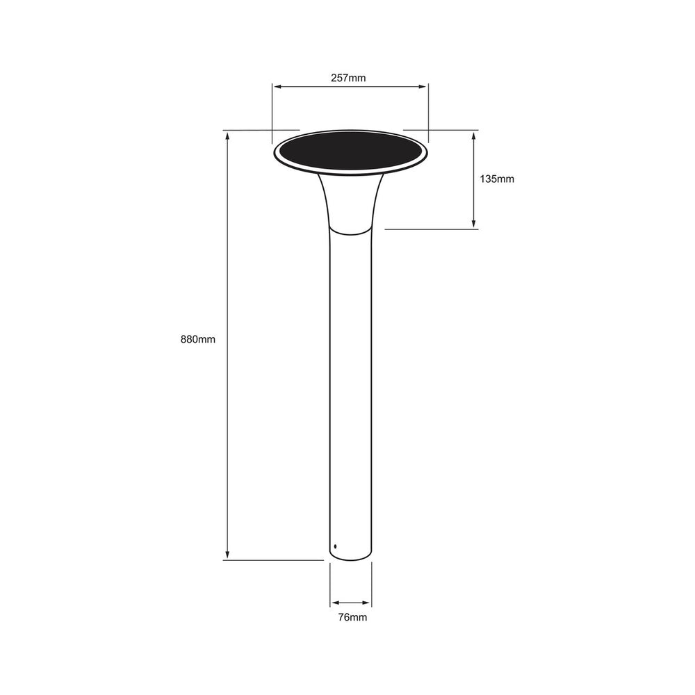 Dibujo técnico de SONNE II: 880 mm de alto, cabezal de 257 mm de diámetro y 135 mm de alto, poste de 76 mm