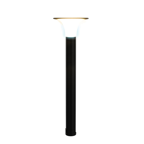 SONNE II mini poste solar LED negro con cabezal tipo trompeta encendido, fondo blanco – Lámpara de Diseño Báez Lumina