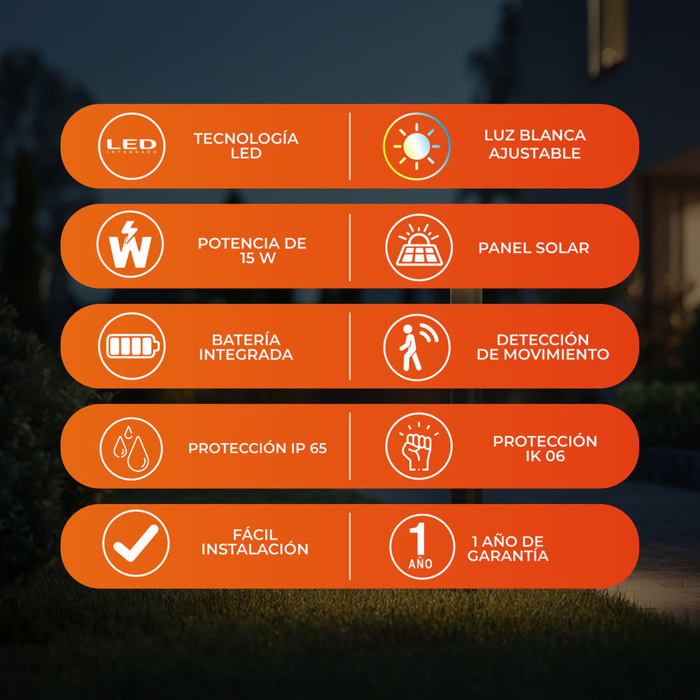 Beneficios de SONNE II: LED 15 W, luz blanca ajustable, panel solar, sensor de movimiento, IP65 e IK06