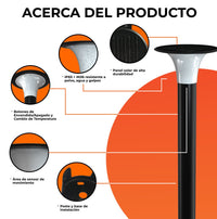 Acerca de SONNE II: panel solar, botón de encendido y de color de luz, sensor de movimiento y base de instalación