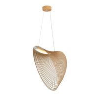 CONIA lámpara colgante LED con pantalla orgánica de láminas tipo madera natural, fondo blanco