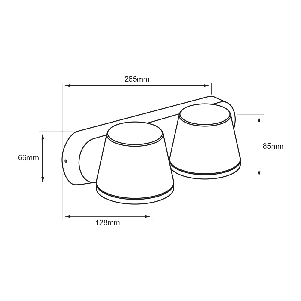 Dibujo técnico de ALGORA II: 265 mm de largo, 85 mm de alto y 128 mm de fondo