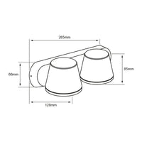 Dibujo técnico de ALGORA II: 265 mm de largo, 85 mm de alto y 128 mm de fondo