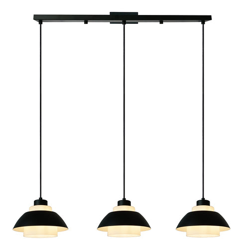 CIOTOLA I colgante negra de barra con tres campanas encendidas, fondo blanco – Lámpara de Diseño Báez Lumina