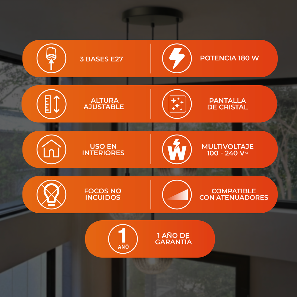 Especificaciones de DROPIA II: 3 bases E27, altura ajustable, pantalla de cristal, uso en interiores y focos no incluidos