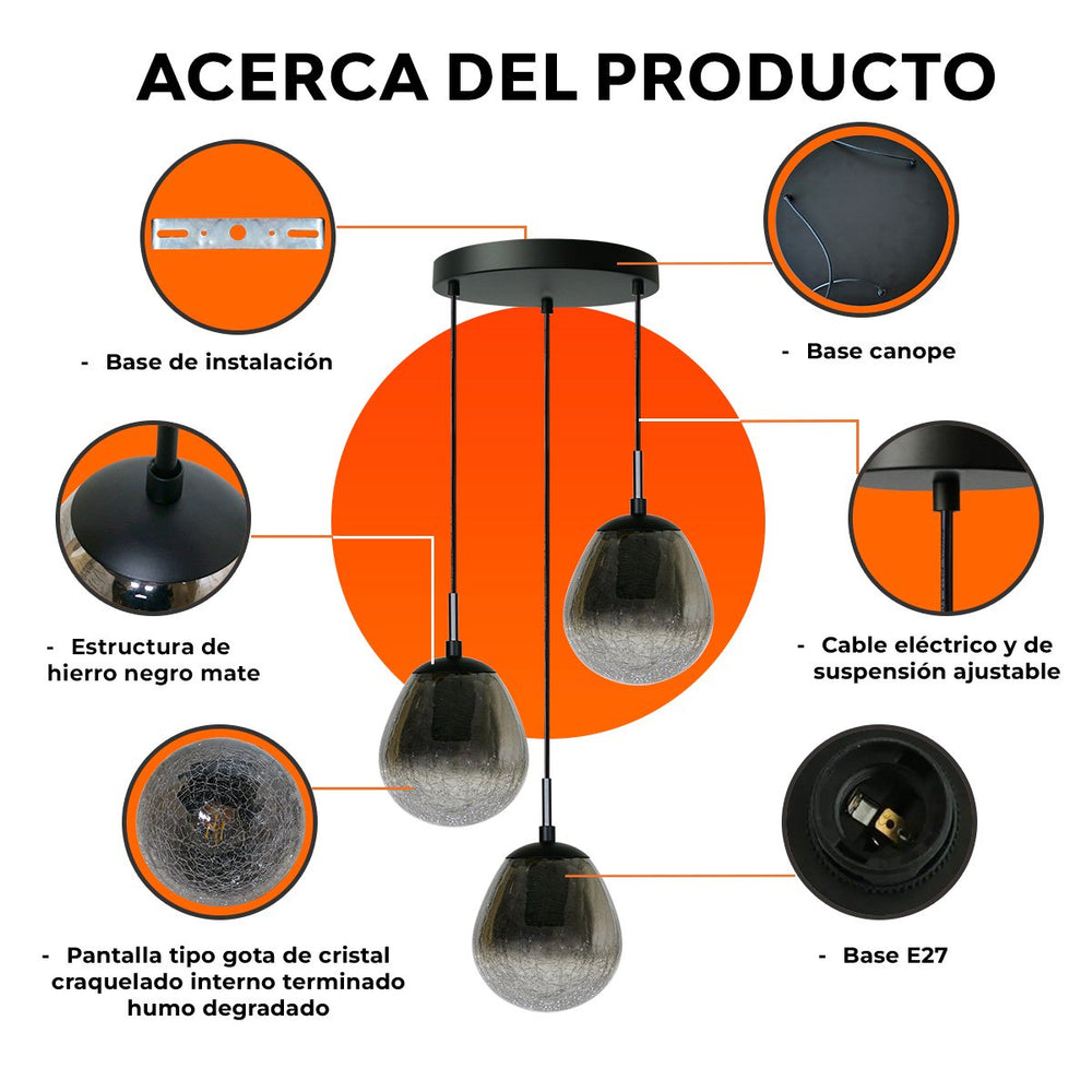 Detalles de DROPIA II: estructura de hierro negro mate, cable ajustable, cristal craquelado humo y base E27