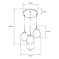 Dibujo técnico de DROPIA II: 1500 mm de altura, base de 230 mm, gotas de 145 mm y 340 mm de ancho total