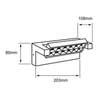 Dibujo técnico de TANIA II: 203 mm de ancho, 80 mm de alto y 108 mm de fondo