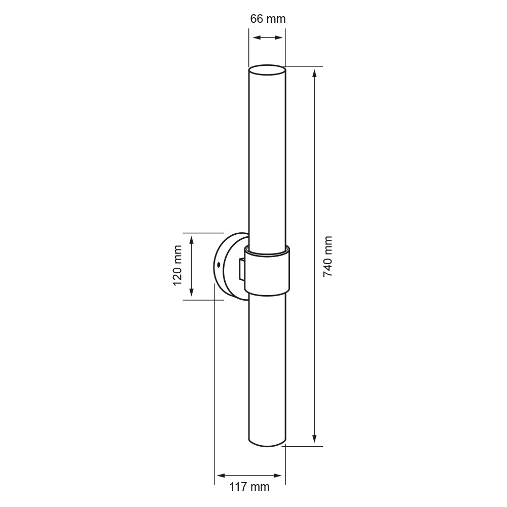 Dibujo técnico de VOTIVA II: 740 mm de largo, 66 mm de diámetro y 117 mm de fondo