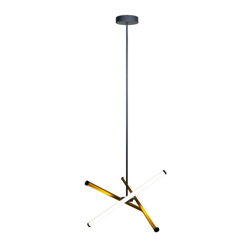 CARTER lámpara colgante LED con barras cruzadas negro y dorado con difusores blancos, encendida, fondo blanco – Lámpara de Diseño Báez Lumina