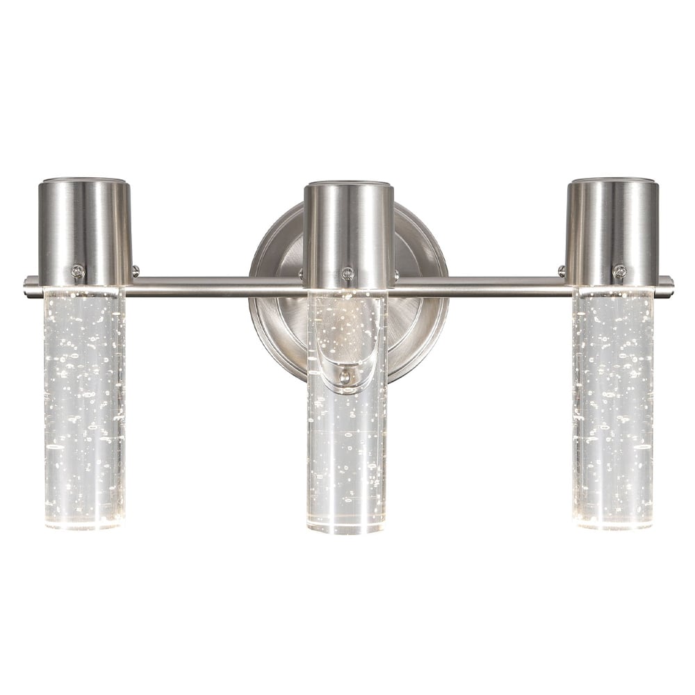 CHUBU II arbotante LED de 3 luces en cromo con tubos de cristal transparente con burbujas, fondo blanco