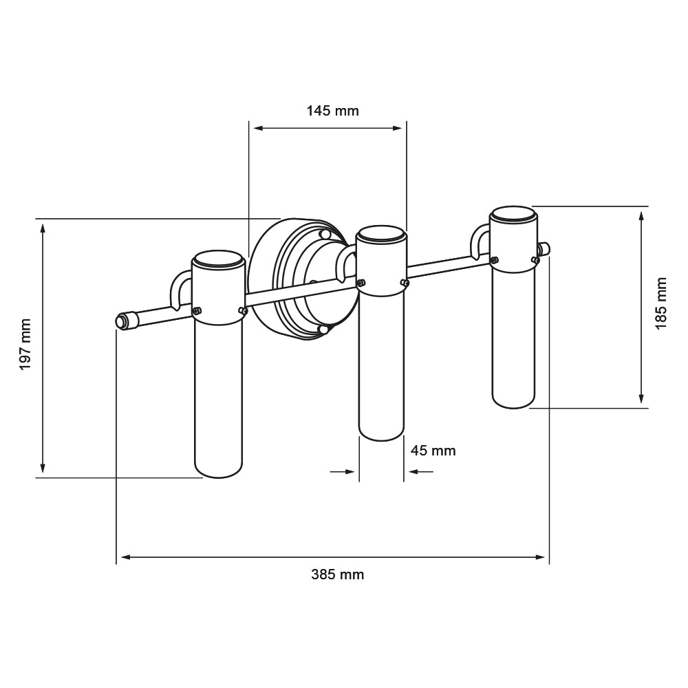 Dibujo técnico de CHUBU II: 385 mm de largo, 197 mm de alto y tubos de 45 mm