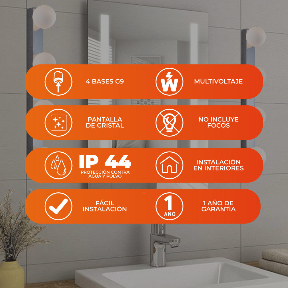 Beneficios de GOMEISA III: 4 bases G9, multivoltaje, pantalla de cristal, IP44, instalación en interiores y 1 año de garantía (focos no incluidos)