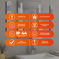 Beneficios de GOMEISA III: 4 bases G9, multivoltaje, pantalla de cristal, IP44, instalación en interiores y 1 año de garantía (focos no incluidos)
