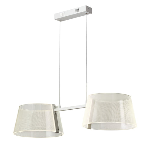 AKRIL II lámpara colgante LED de 2 pantallas acrílicas cónicas en brazo blanco, encendida, fondo blanco – Báez Lumina