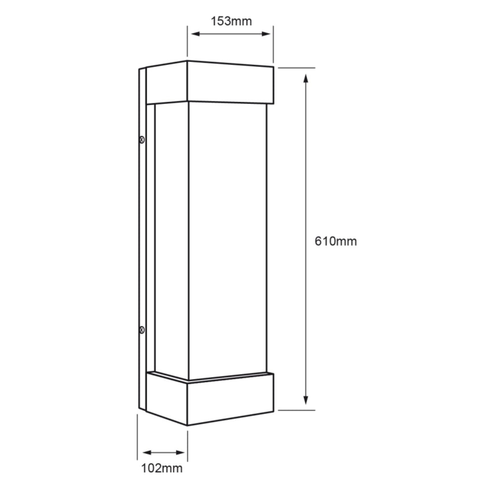 Dibujo técnico de CRUX II: 610 mm de alto, 153 mm de ancho y 102 mm de fondo