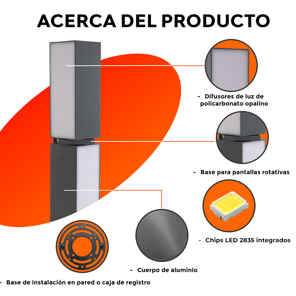 Detalles de FURUD II: difusores de policarbonato opalino, base rotativa, chips LED 2835 y cuerpo de aluminio