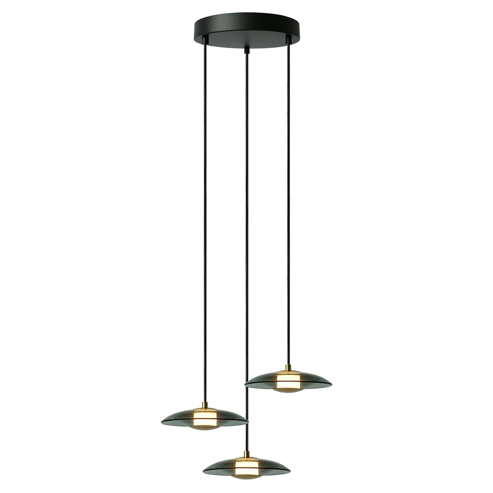 PRATO III lámpara colgante LED de 3 discos de cristal oscuro con base circular negra, encendida, fondo blanco