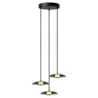 PRATO III lámpara colgante LED de 3 discos de cristal oscuro con base circular negra, encendida, fondo blanco