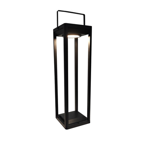 ASTER farol solar LED negro con asa superior y luz cálida encendida, fondo blanco – Lámpara de Diseño Báez Lumina