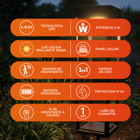 Beneficios de ASTER: LED 2 W, panel solar, sensor de movimiento, 3 en 1 e IP54